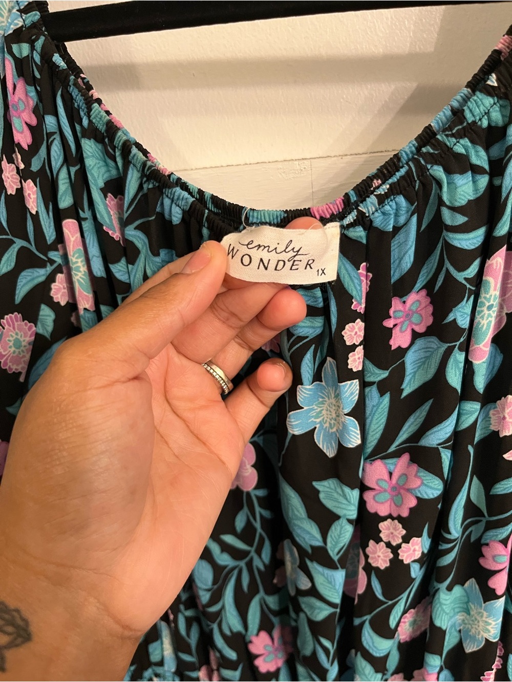 Emily Wonder Women's Black Floral Smocked Midi Dress with Pink & Teal Flowers - Picture 2 of 4